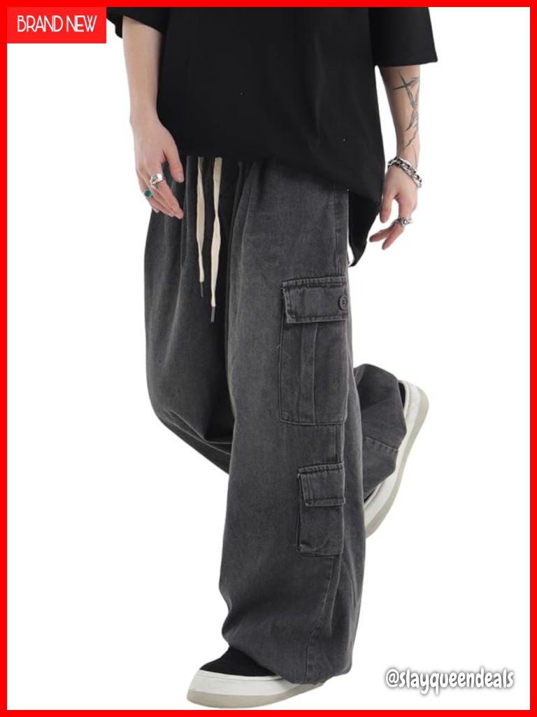 Men's Baggy Y2k Hip Hop Cargo Jeans Wide Leg Denim Joggers Emo Streetwear
